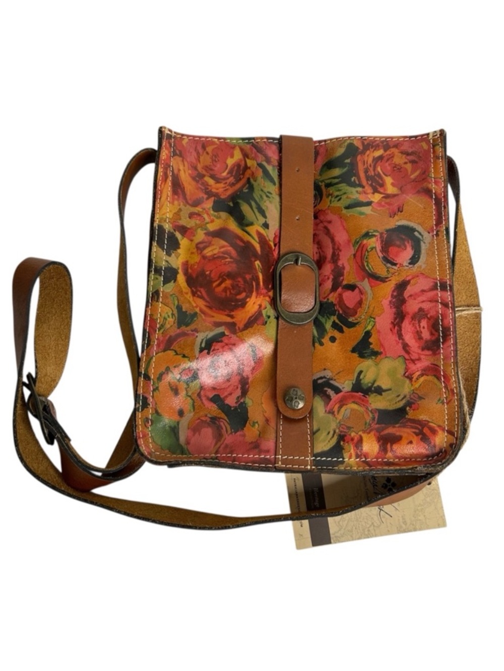 PATRICIA NASH Heritage Collection Tan Italian Leather Roses Pouch Cross Body Bag